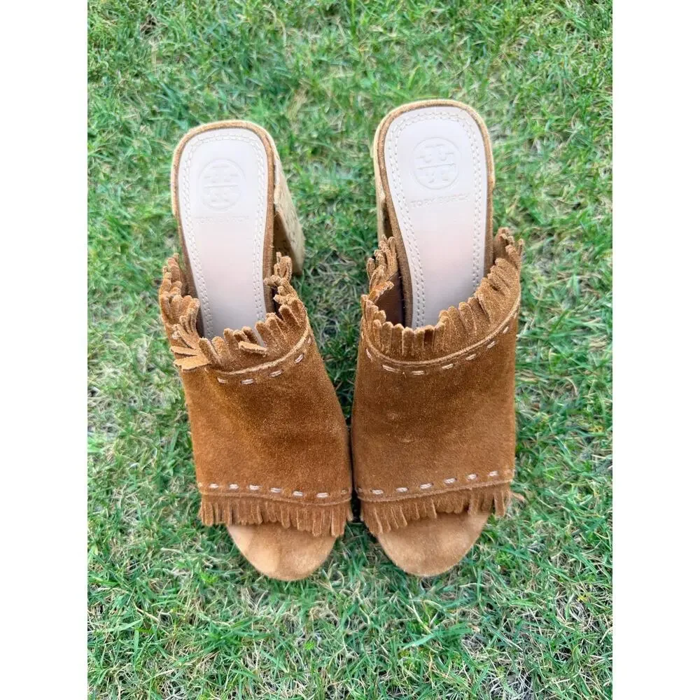 TORY BURCH Huntington Suede Fringe trimmed Brown heels Mules shoes Sz 6.5